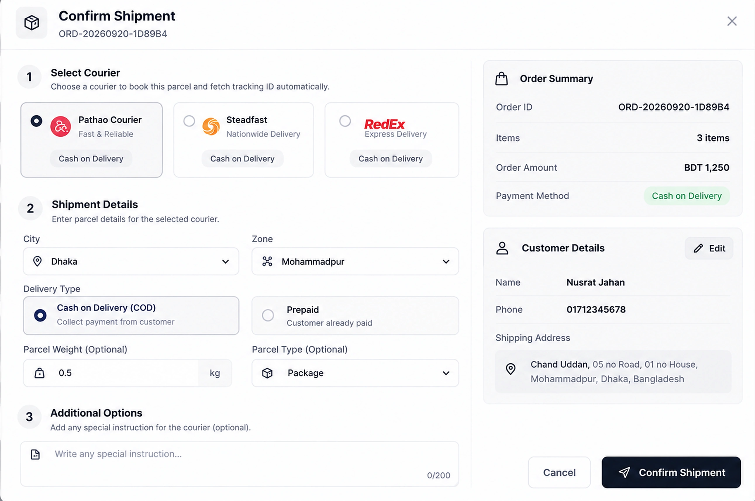 Pathao & Steadfast booking — the NexaStore admin at /admin/shipping